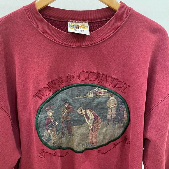 Vintage Field & Stream Tapestry Embroidered Golf Crewneck Sweatshirt in Maroon - Picture 3 of 5